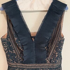 French Connection Forest Green Pleated Lace Mini Dress